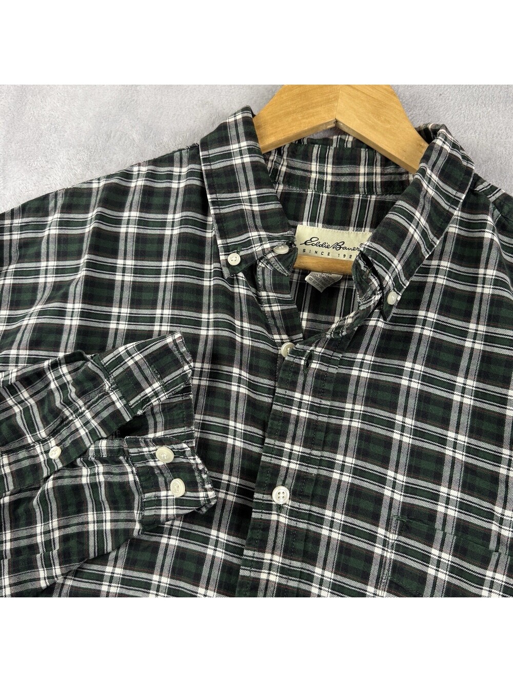 VTG Eddie Bauer Men Green Plaid Button Down Shirt 100% Cotton Size L Heritage